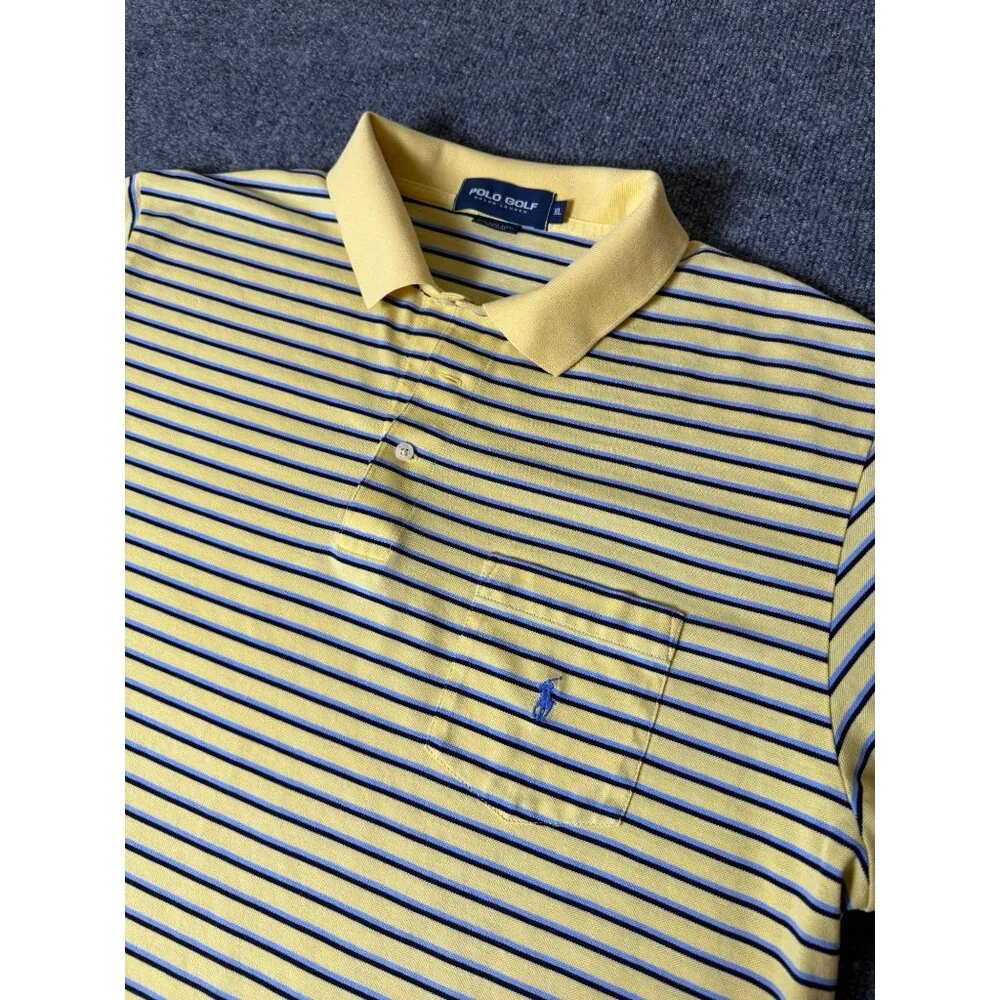 Polo Golf Ralph‎ Lauren Polo Shirt Mens XL Yellow/Blue Striped Short Sleeve Pony